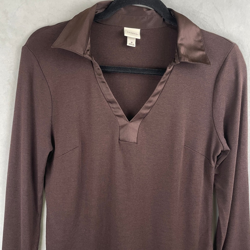 Merona Brown Pima Cotton Modal Long Sleeve V-Neck Top Satin Corporate Chic Hip M - Picture 3 of 6
